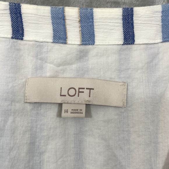 Loft Blue Shimmer Stripe Button Front Dress Size 14 Cotton Lined V-Neck Nautical - Picture 4 of 8